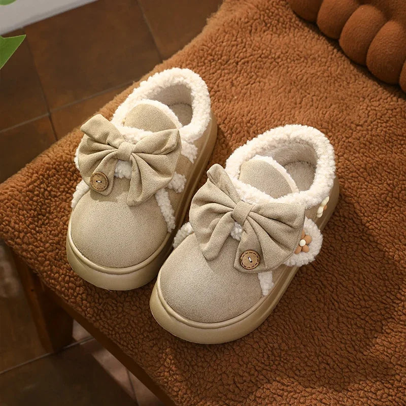 Chunky Brown Snow Slippers with Bow