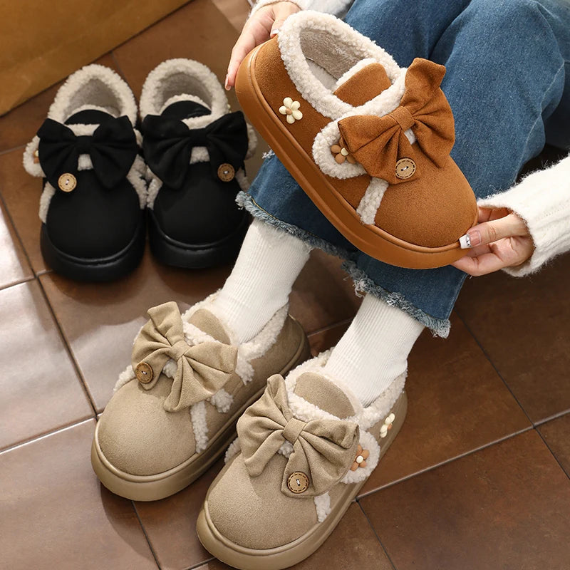 Chunky Brown Snow Slippers with Bow