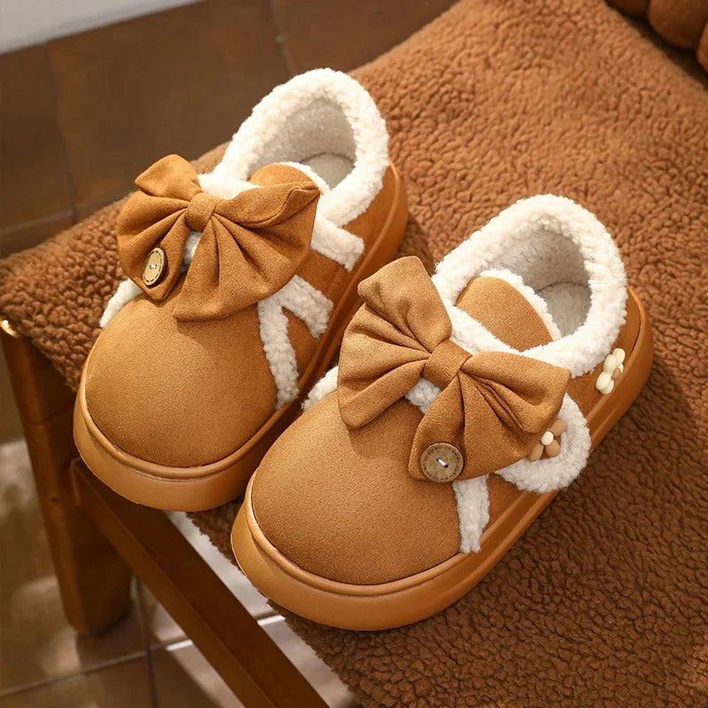 Chunky Brown Snow Slippers with Bow