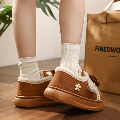 Chunky Brown Snow Slippers with Bow