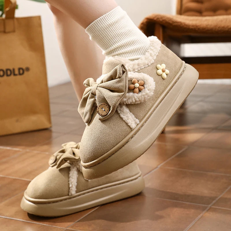 Chunky Brown Snow Slippers with Bow