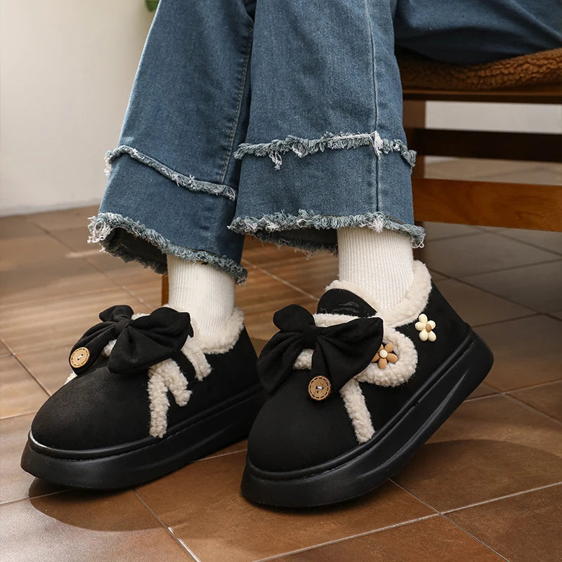 Chunky Brown Snow Slippers with Bow