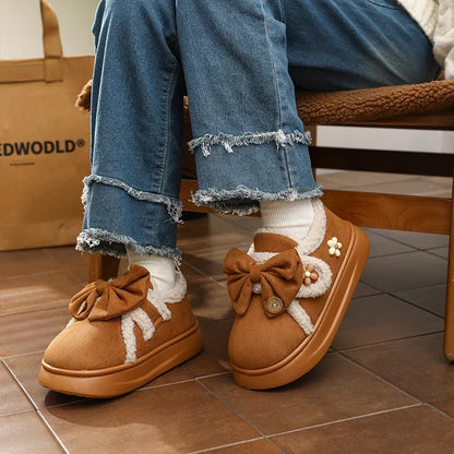 Chunky Brown Snow Slippers with Bow