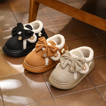 Chunky Brown Snow Slippers with Bow