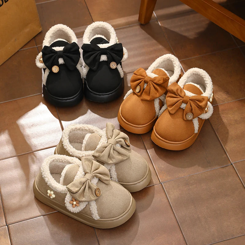 Chunky Brown Snow Slippers with Bow