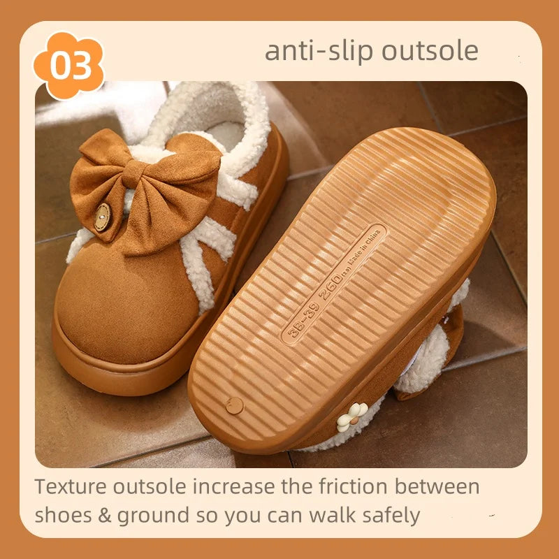Chunky Brown Snow Slippers with Bow