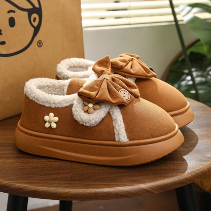 Chunky Brown Snow Slippers with Bow
