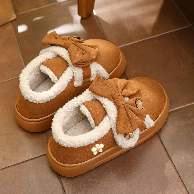 Chunky Brown Snow Slippers with Bow
