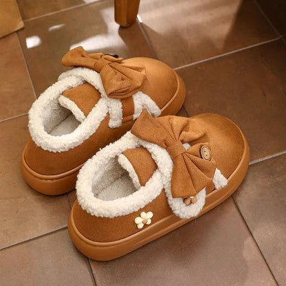 Chunky Brown Snow Slippers with Bow