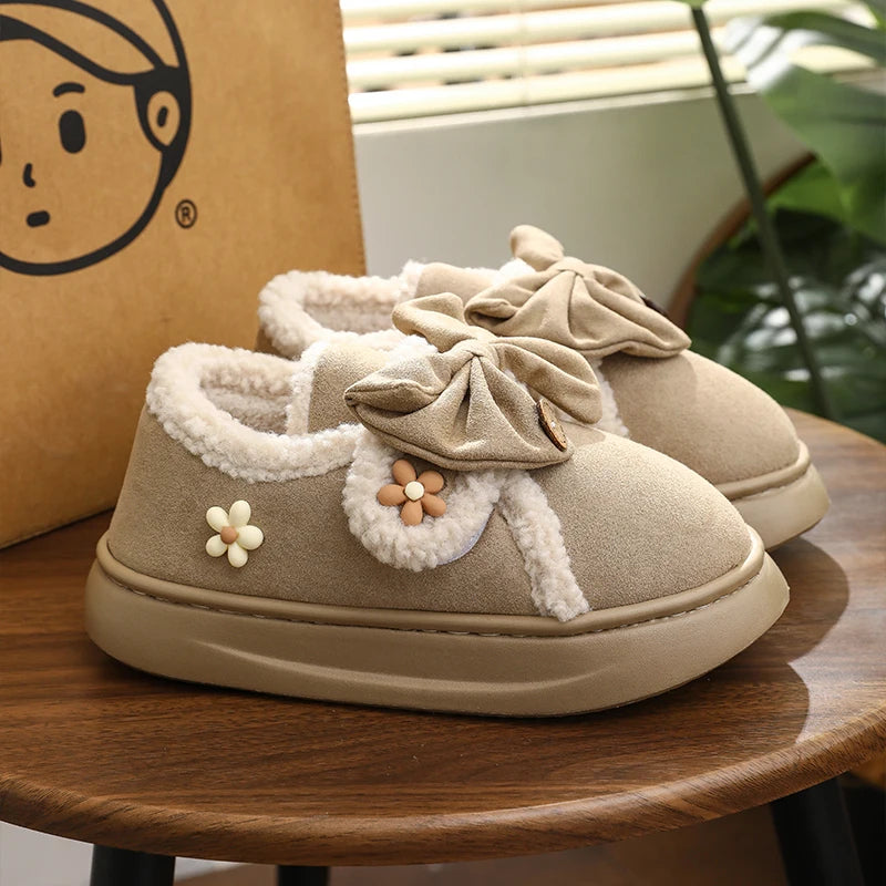 Chunky Brown Snow Slippers with Bow
