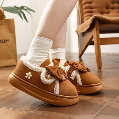 Chunky Brown Snow Slippers with Bow