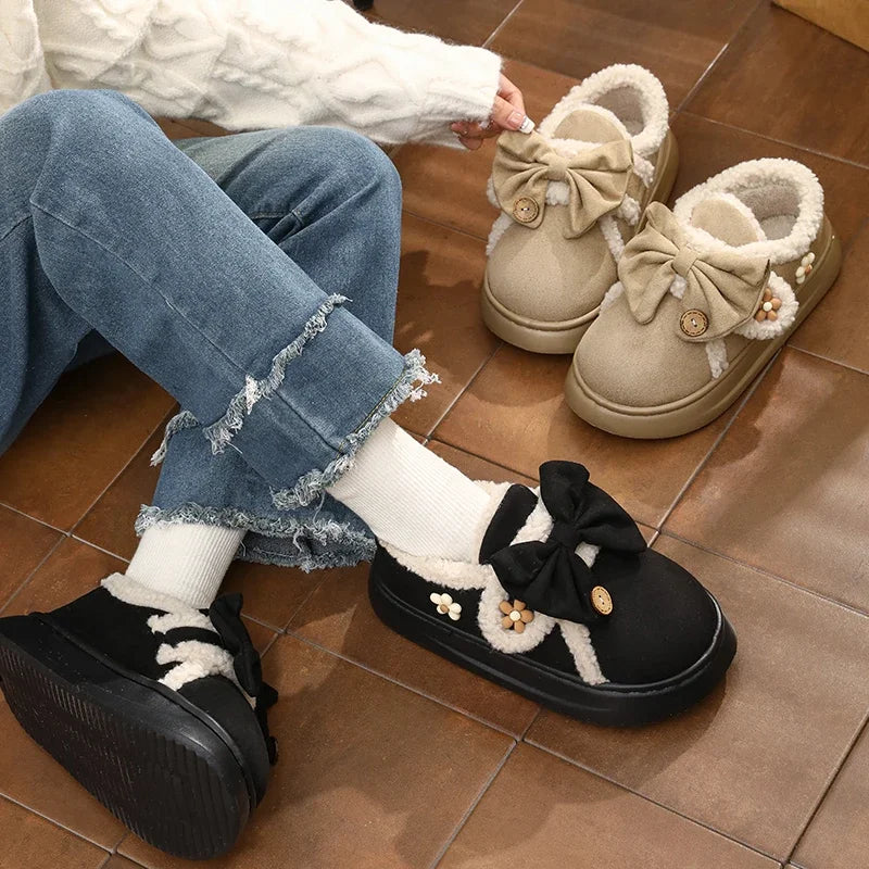 Chunky Brown Snow Slippers with Bow