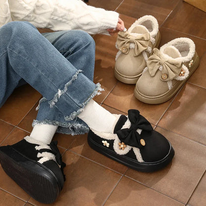 Chunky Brown Snow Slippers with Bow